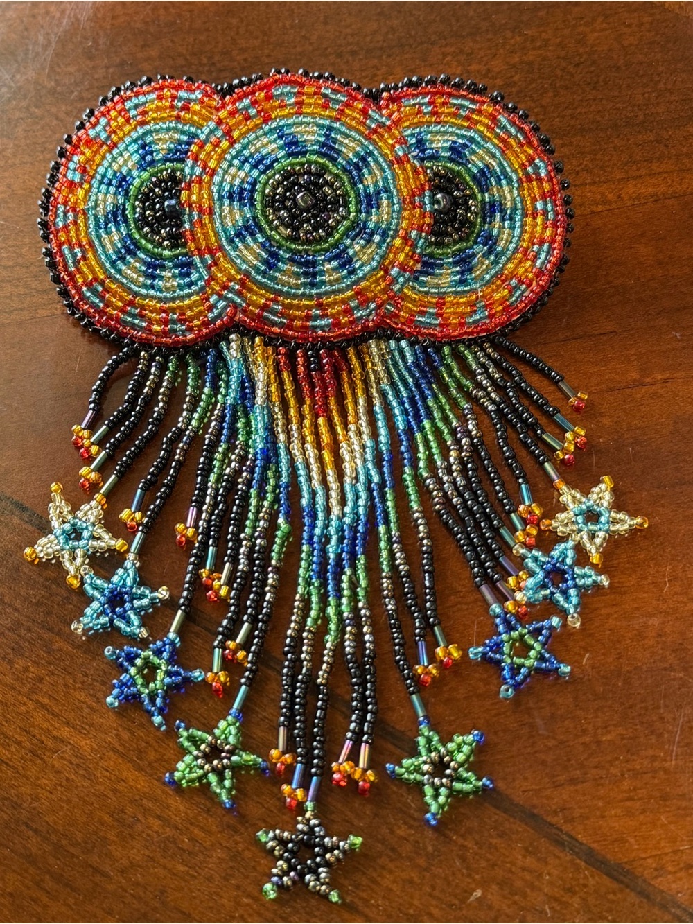 Native American Leather Beaded Star Barrette Hair Clip w/ Fringe Dangles